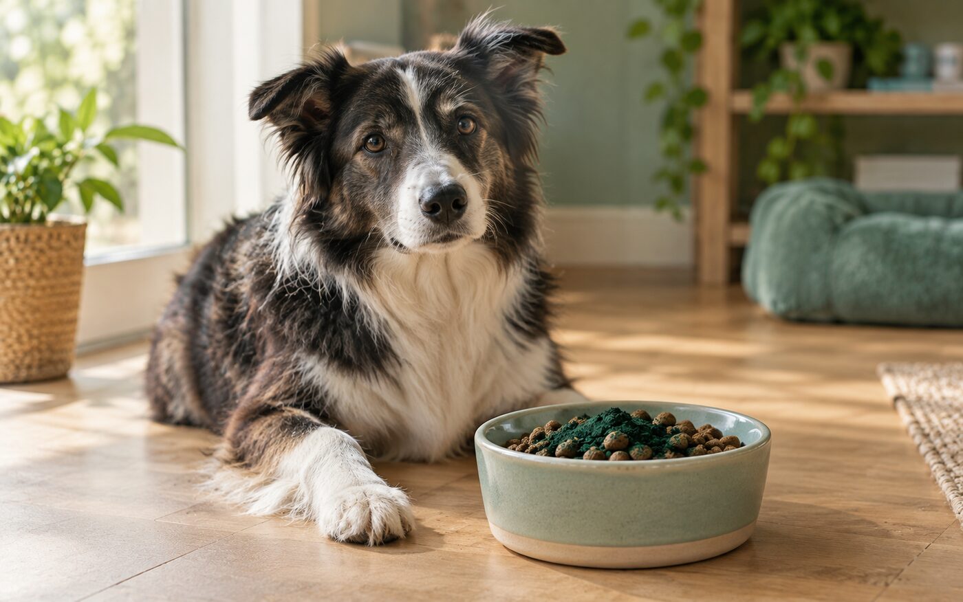 Chien calme à côté de sa gamelle saupoudrée de spiruline