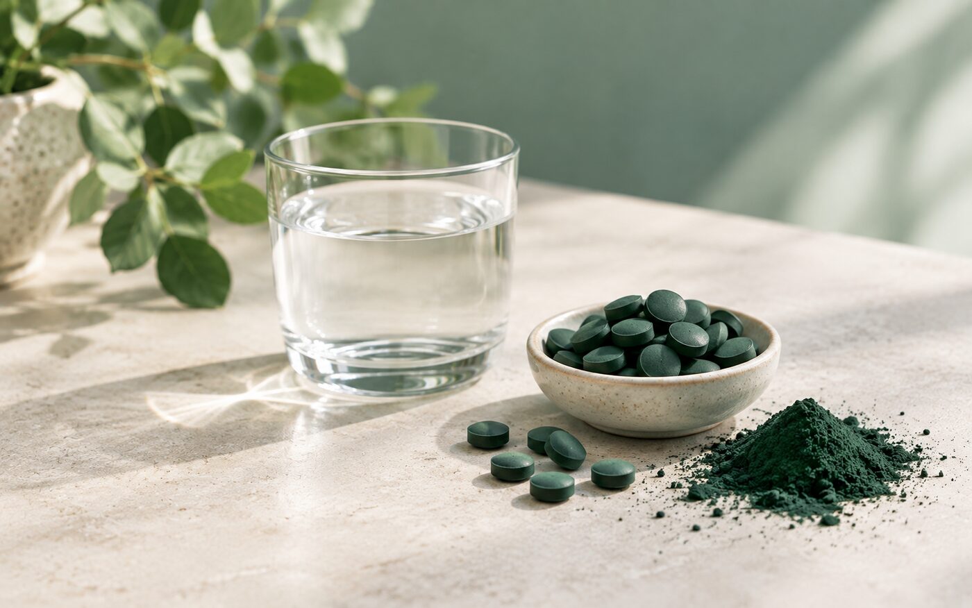 Comprimés et poudre de spiruline avec un verre d'eau