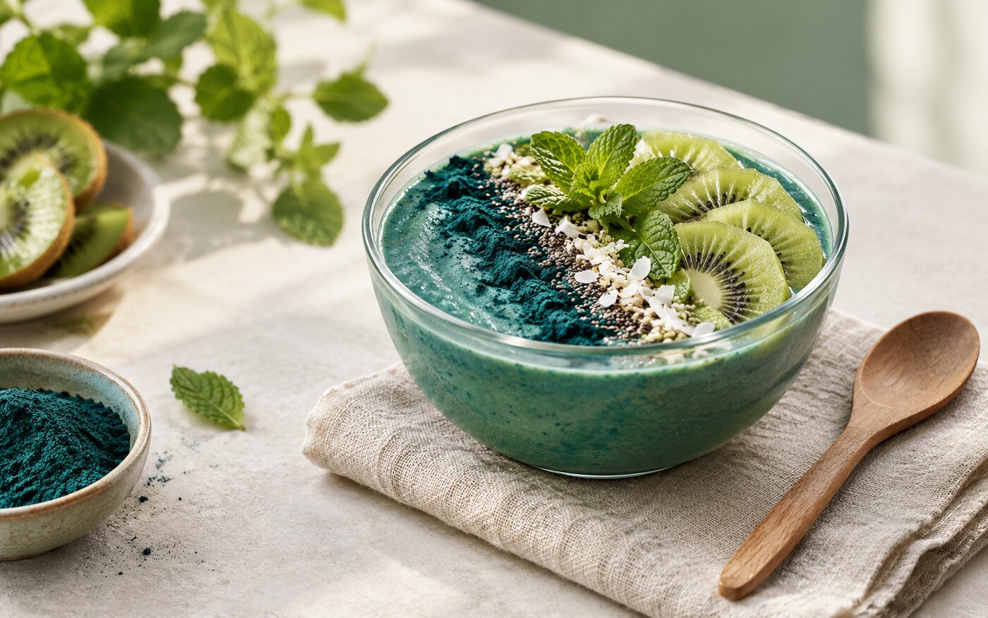 Bol de smoothie à la spiruline garni de kiwi et de menthe fraîche